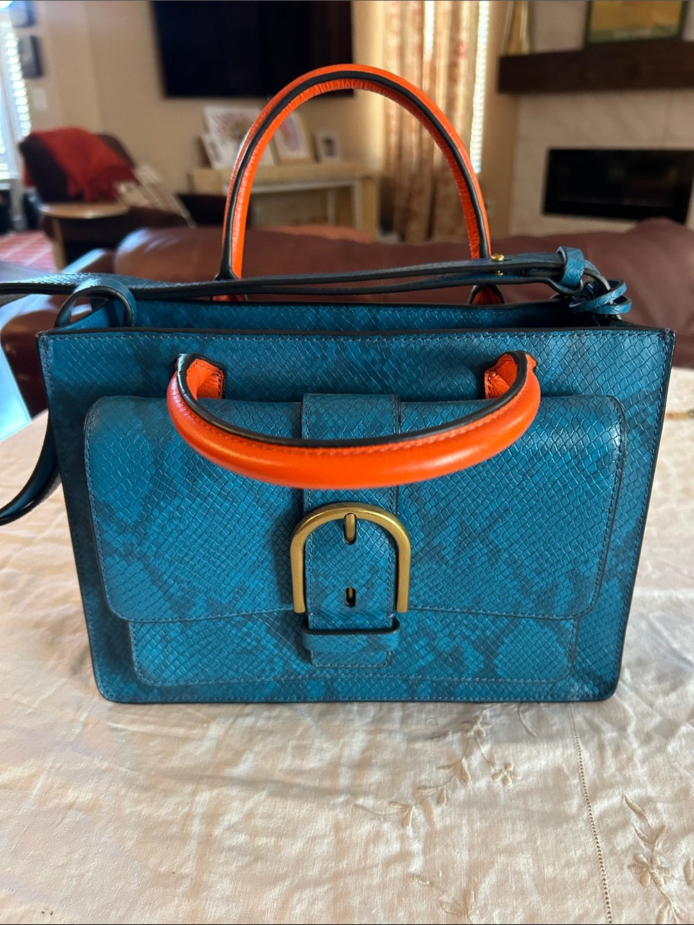 Fossil Teal Satchel with Orange Handles & Gold Buckle